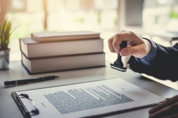 Person stamping a document on a desk, with books and a pen in the background, symbolizing approval or certification in a professional setting.