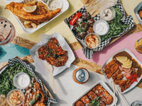 
The image is a vibrant, overhead flat lay shot displaying a diverse spread of take-out and street food, likely representing offerings from a food hall, food truck gathering, or a shared kitchen concept.